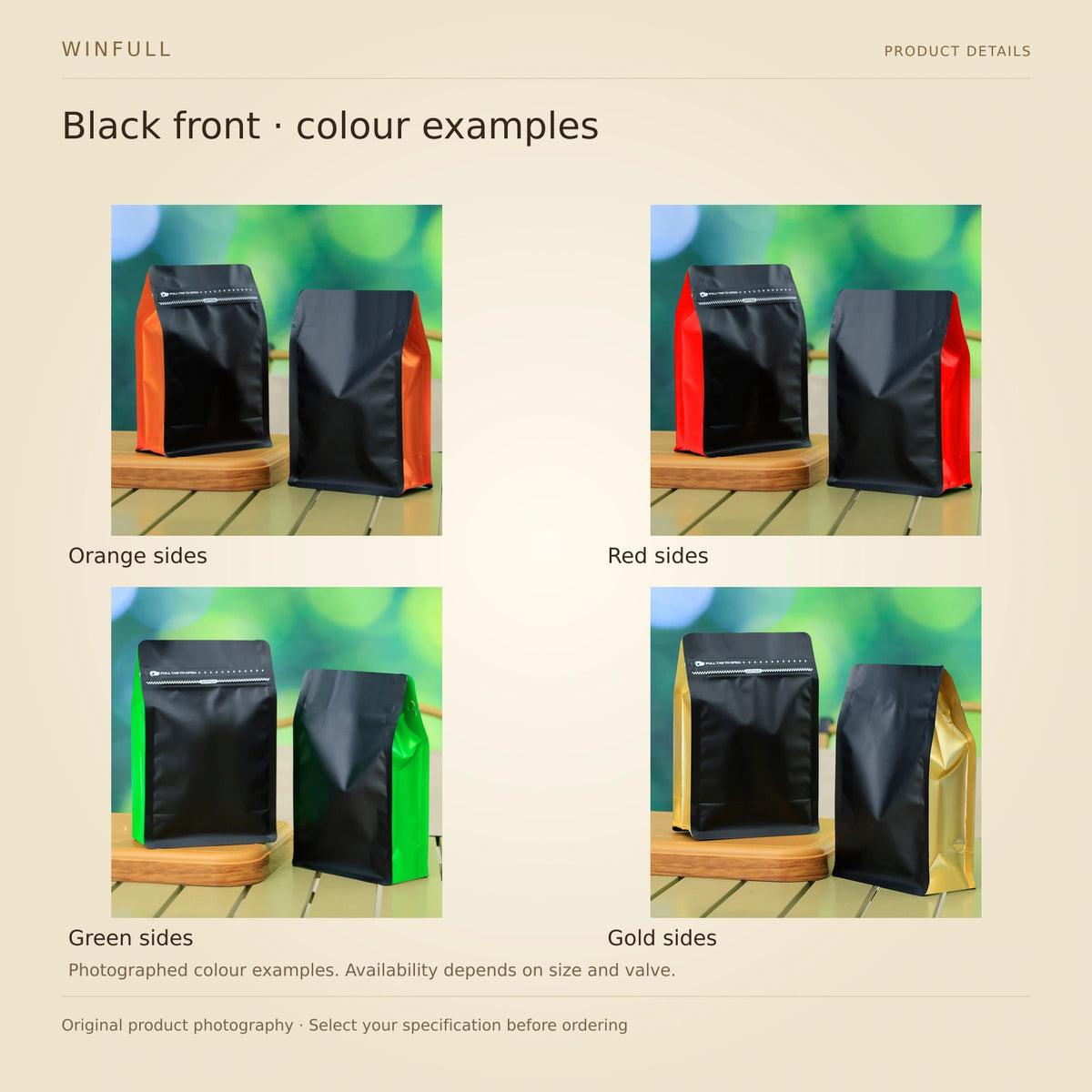 WINFULL black front · colour examples; color panel coffee packaging