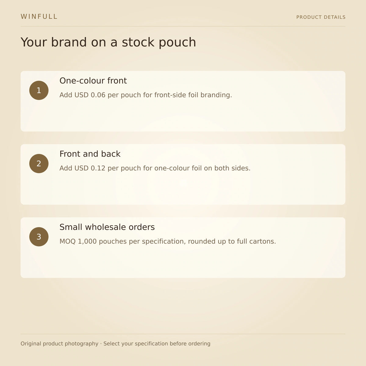 WINFULL your brand on a stock pouch; classic coffee packaging