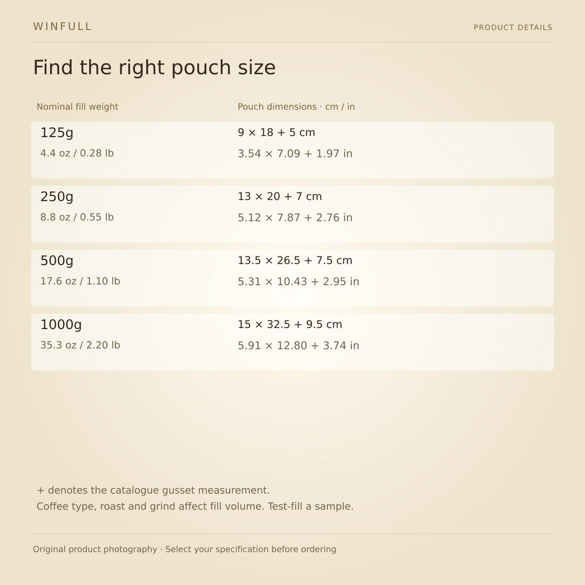 WINFULL find the right pouch size; classic coffee packaging