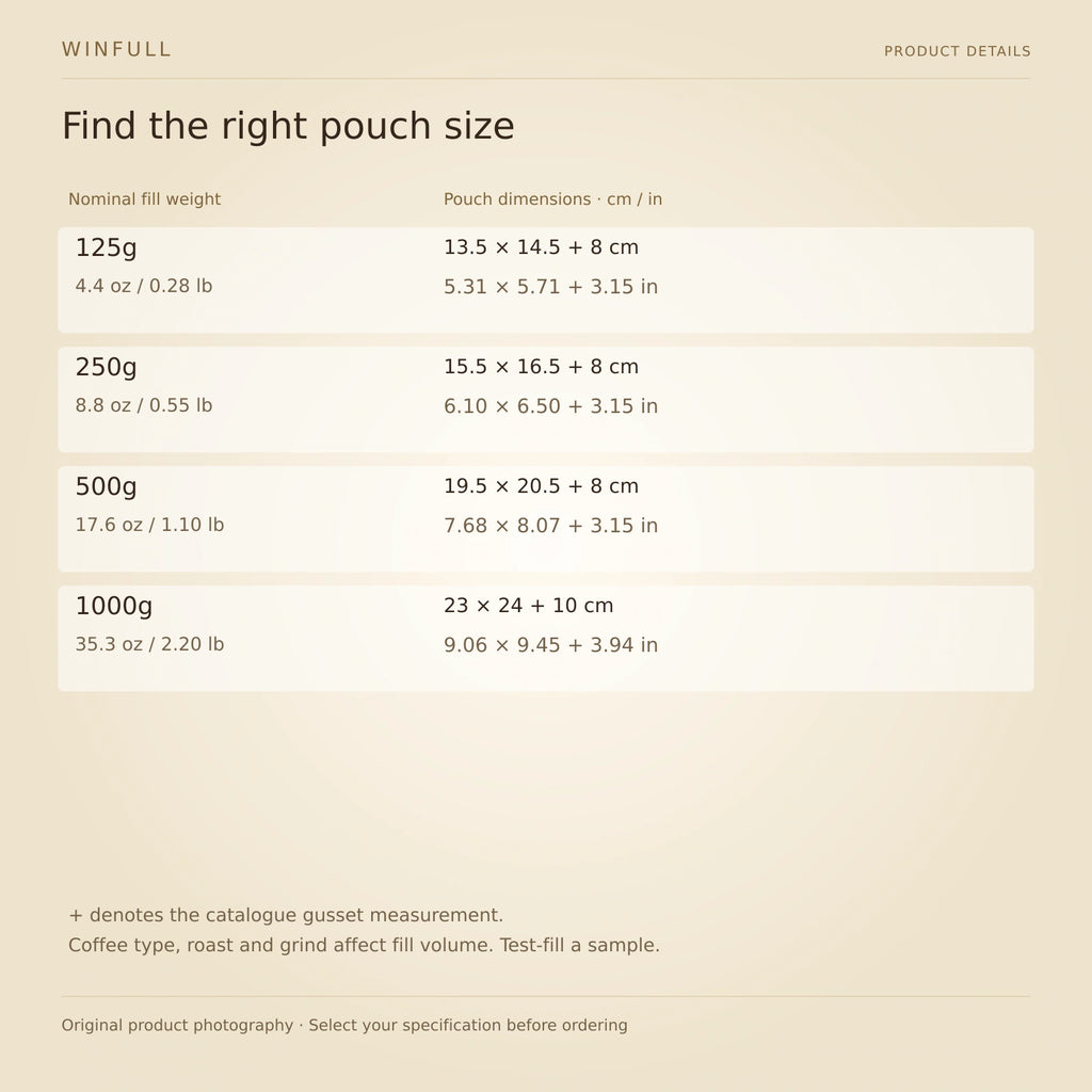 WINFULL find the right pouch size; cube coffee packaging