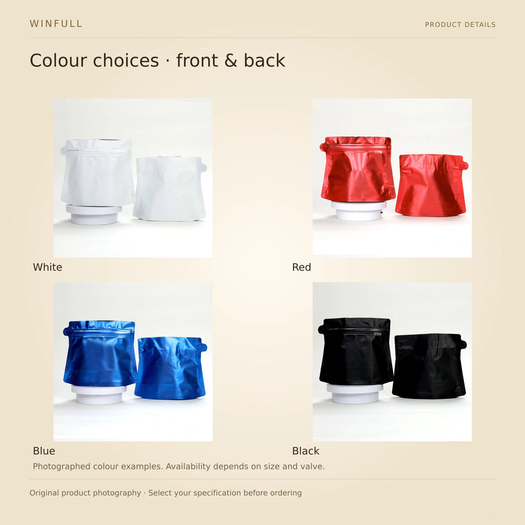 WINFULL colour choices · front & back; diamond coffee packaging