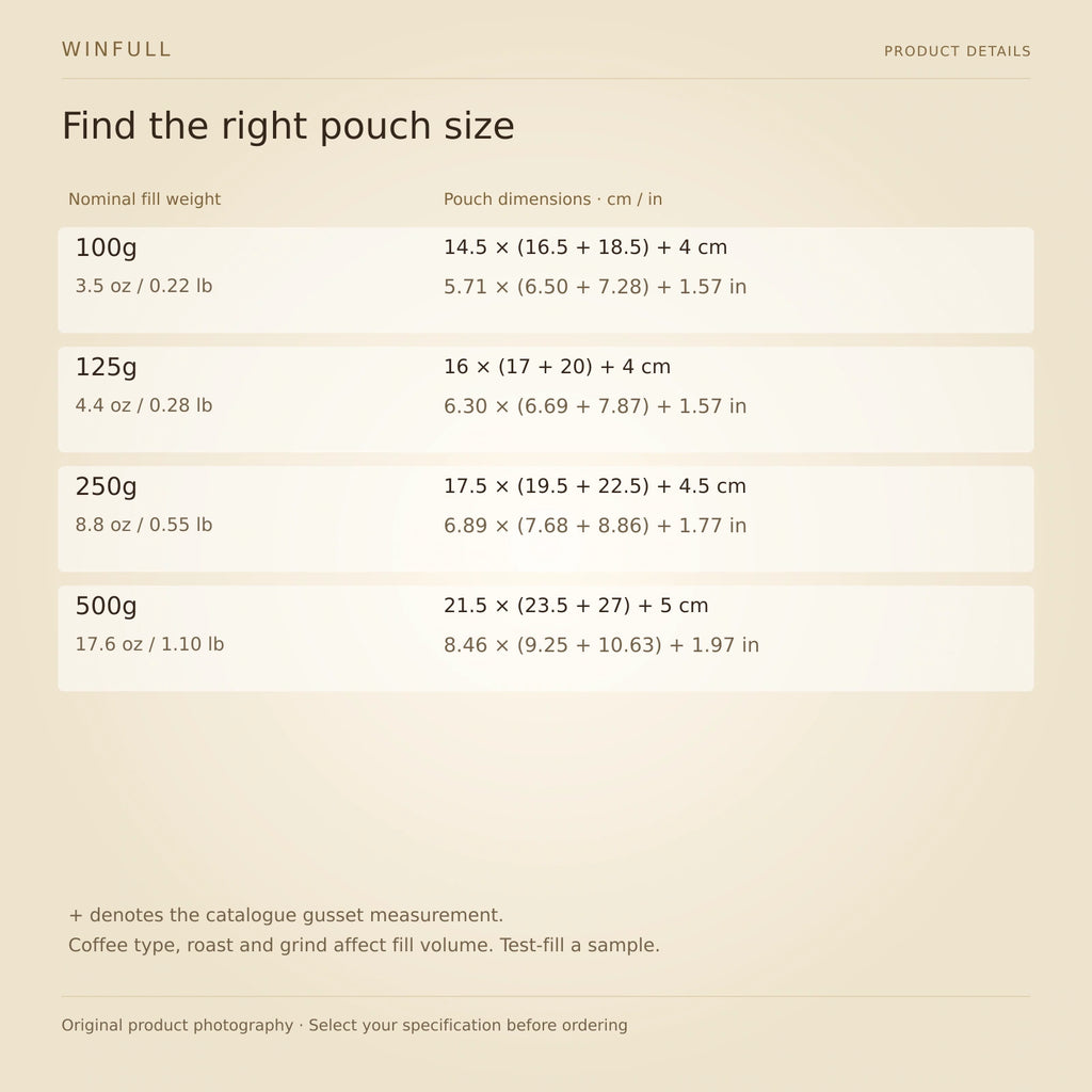 WINFULL find the right pouch size; diamond coffee packaging