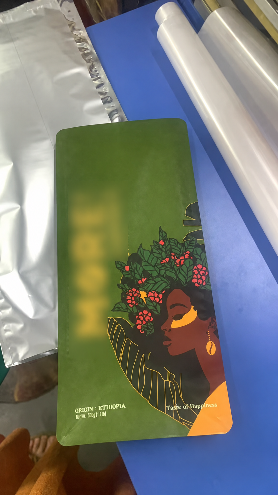 Anonymized front view of a digitally printed Ethiopian coffee pouch sample