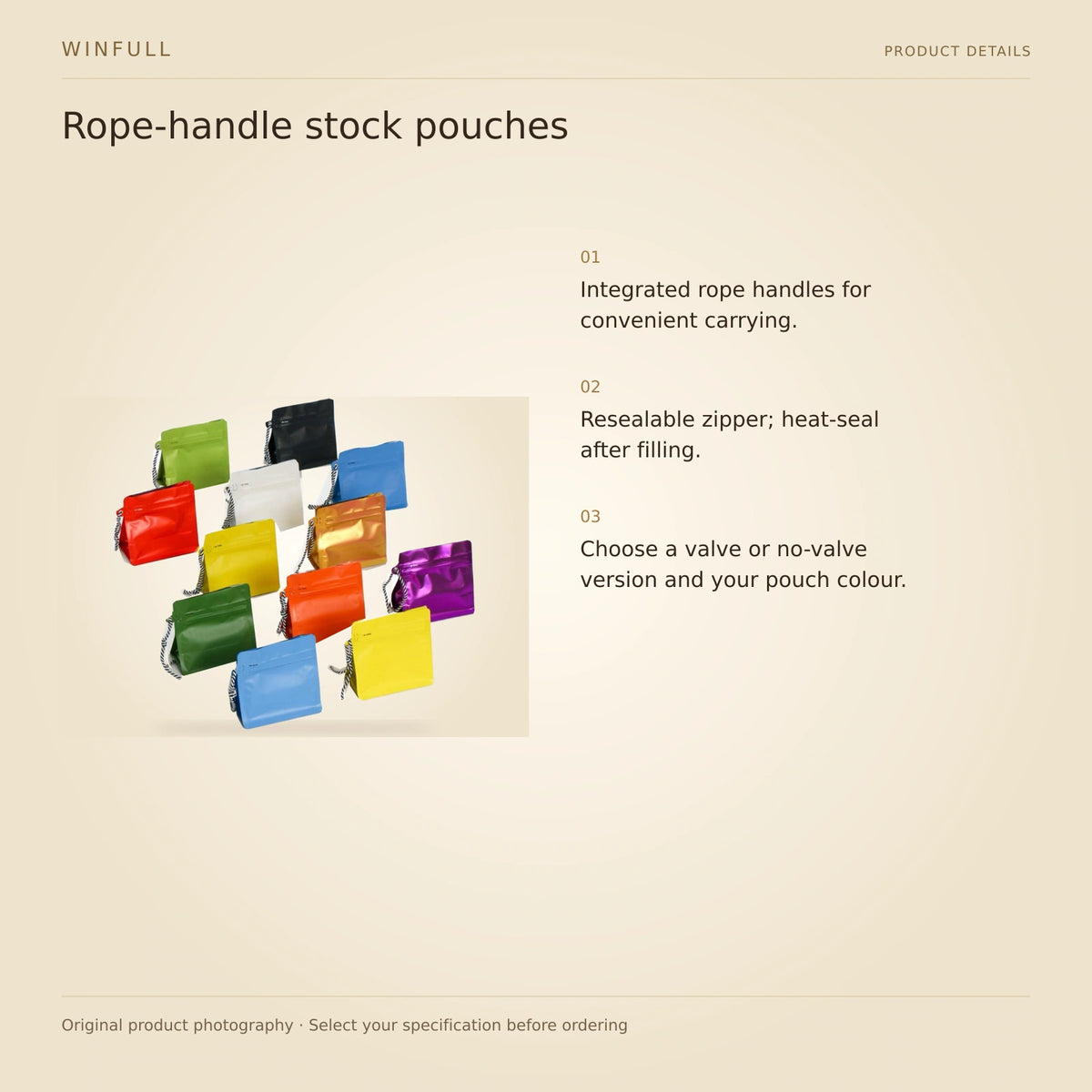 WINFULL rope-handle stock pouches; rope handle coffee packaging