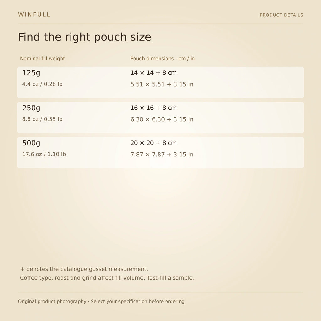 WINFULL find the right pouch size; rope handle coffee packaging