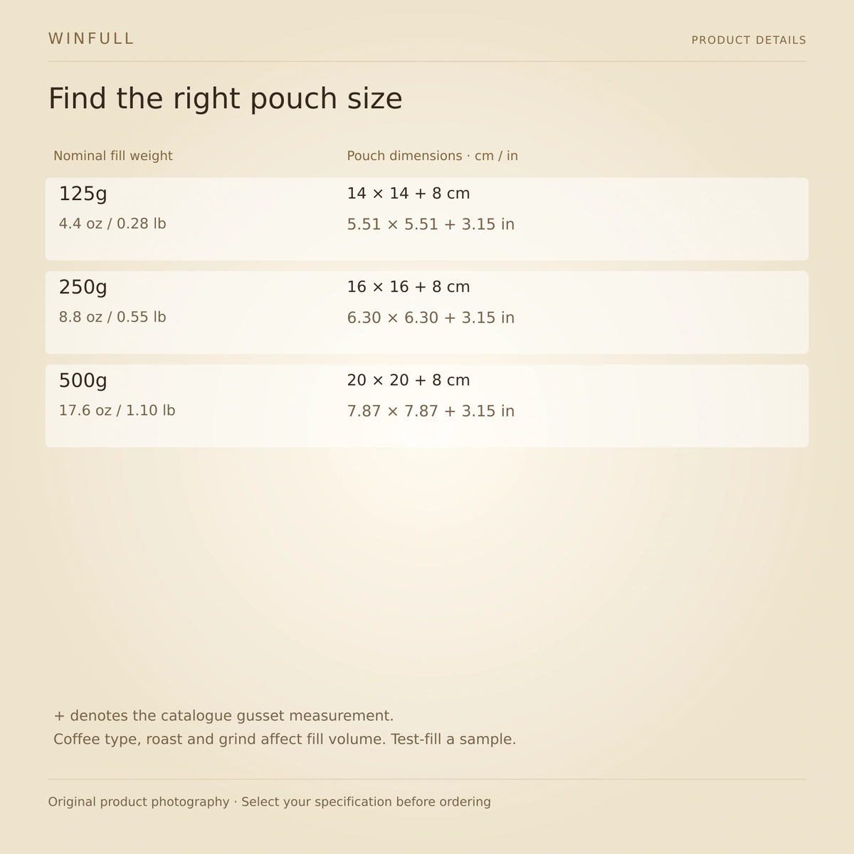 WINFULL find the right pouch size; rope handle coffee packaging