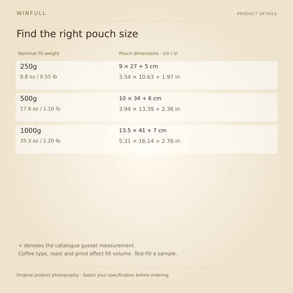 WINFULL find the right pouch size; side gusset coffee packaging