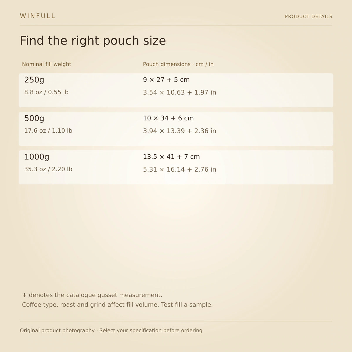 WINFULL find the right pouch size; side gusset coffee packaging