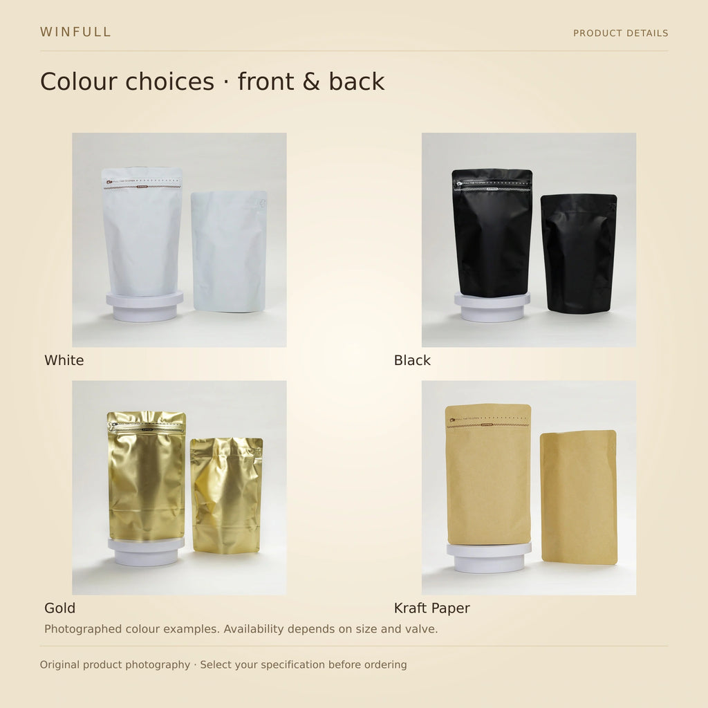 WINFULL colour choices · front & back; stand up coffee packaging