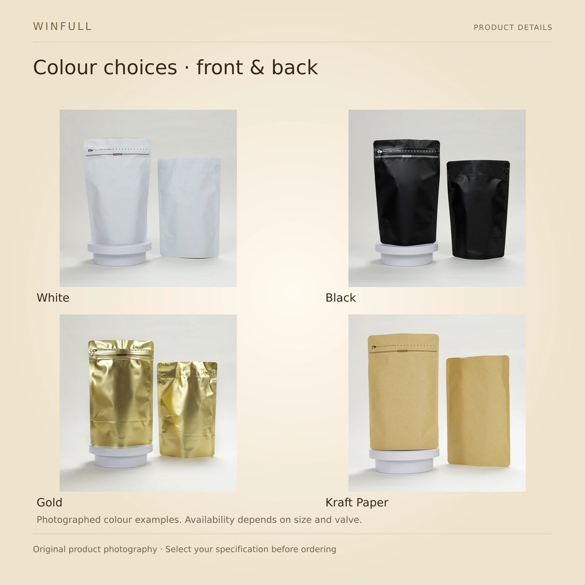 WINFULL colour choices · front & back; stand up coffee packaging