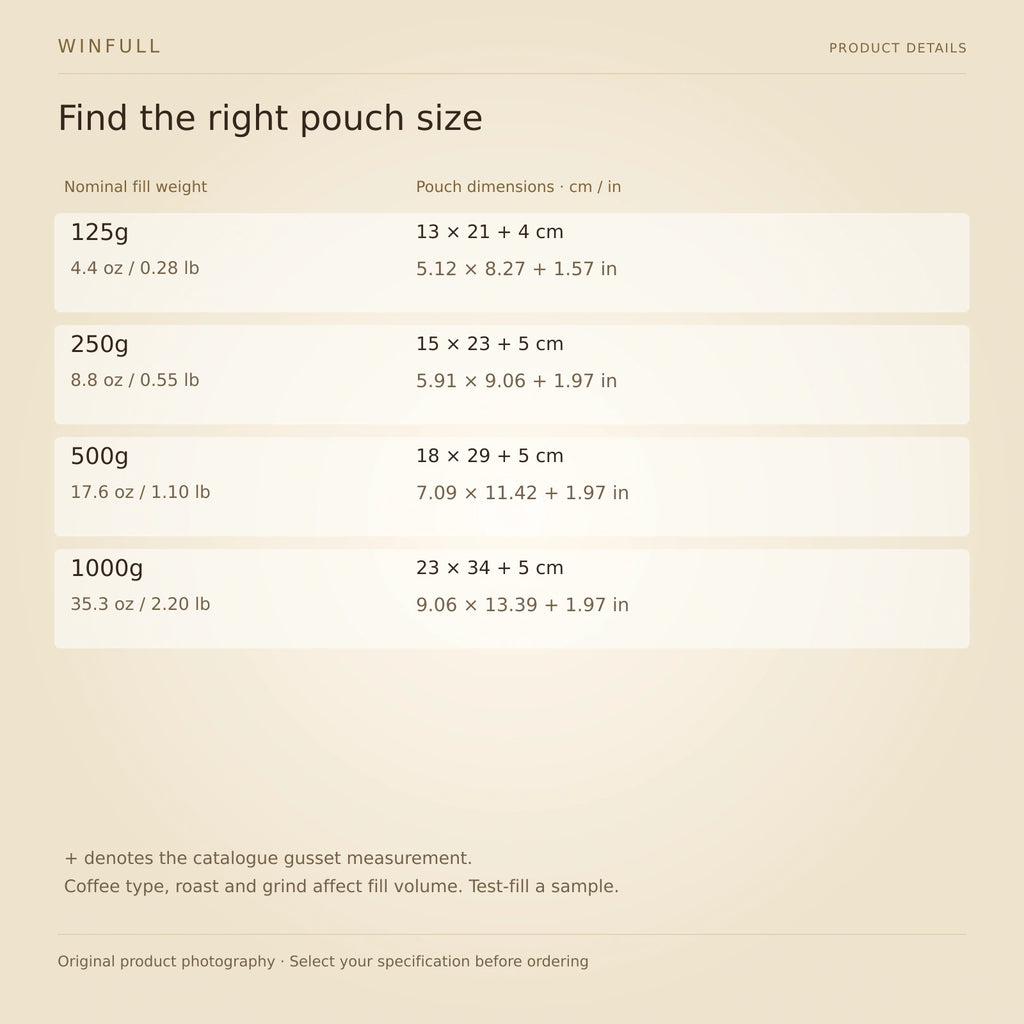 WINFULL find the right pouch size; stand up coffee packaging