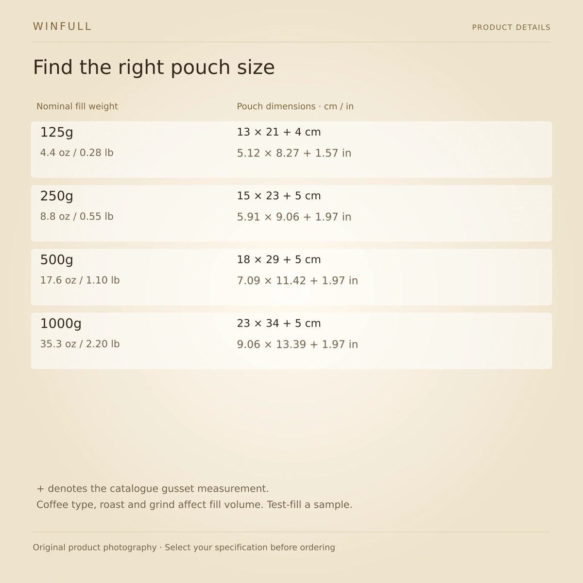 WINFULL find the right pouch size; stand up coffee packaging