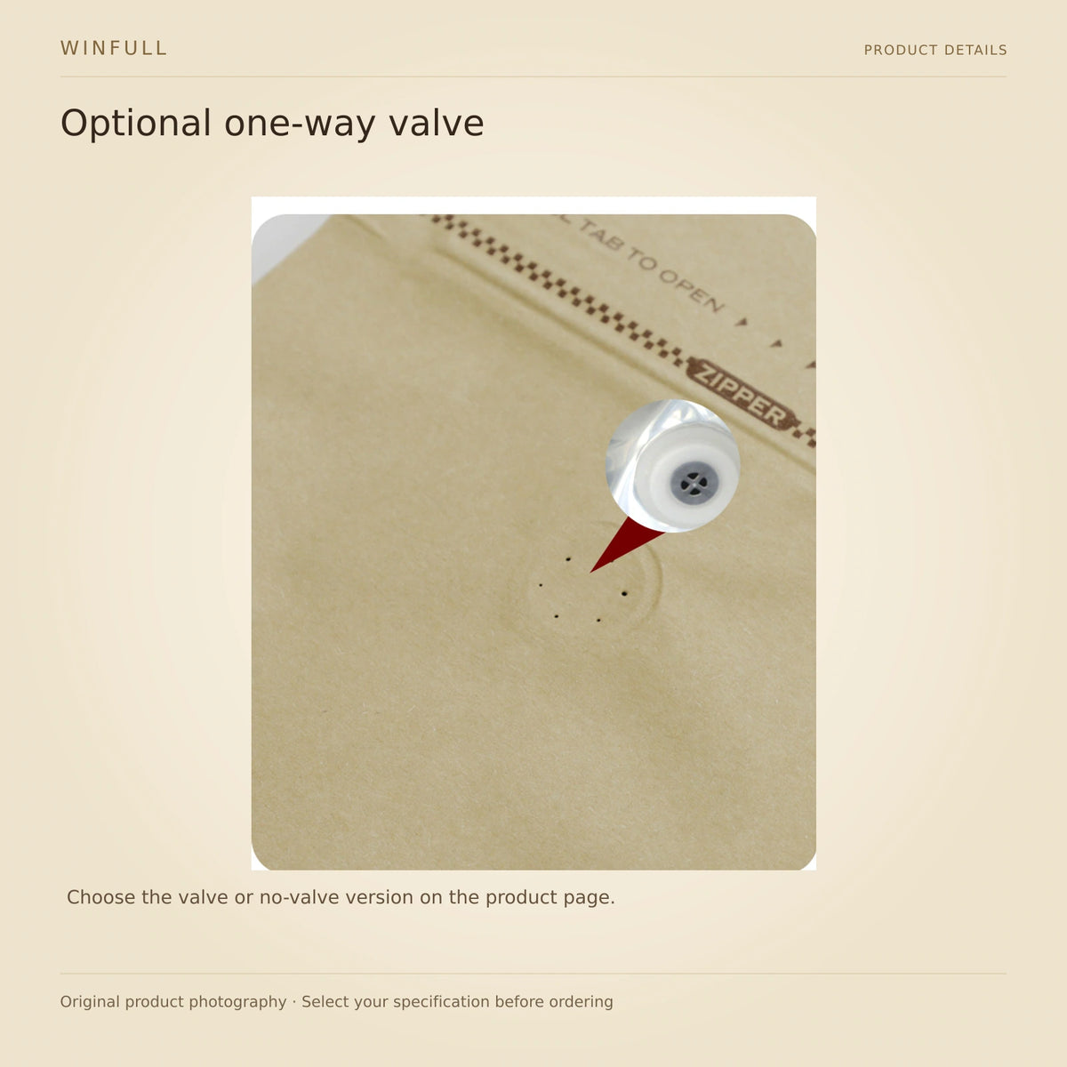 WINFULL optional one-way valve; stand up coffee packaging
