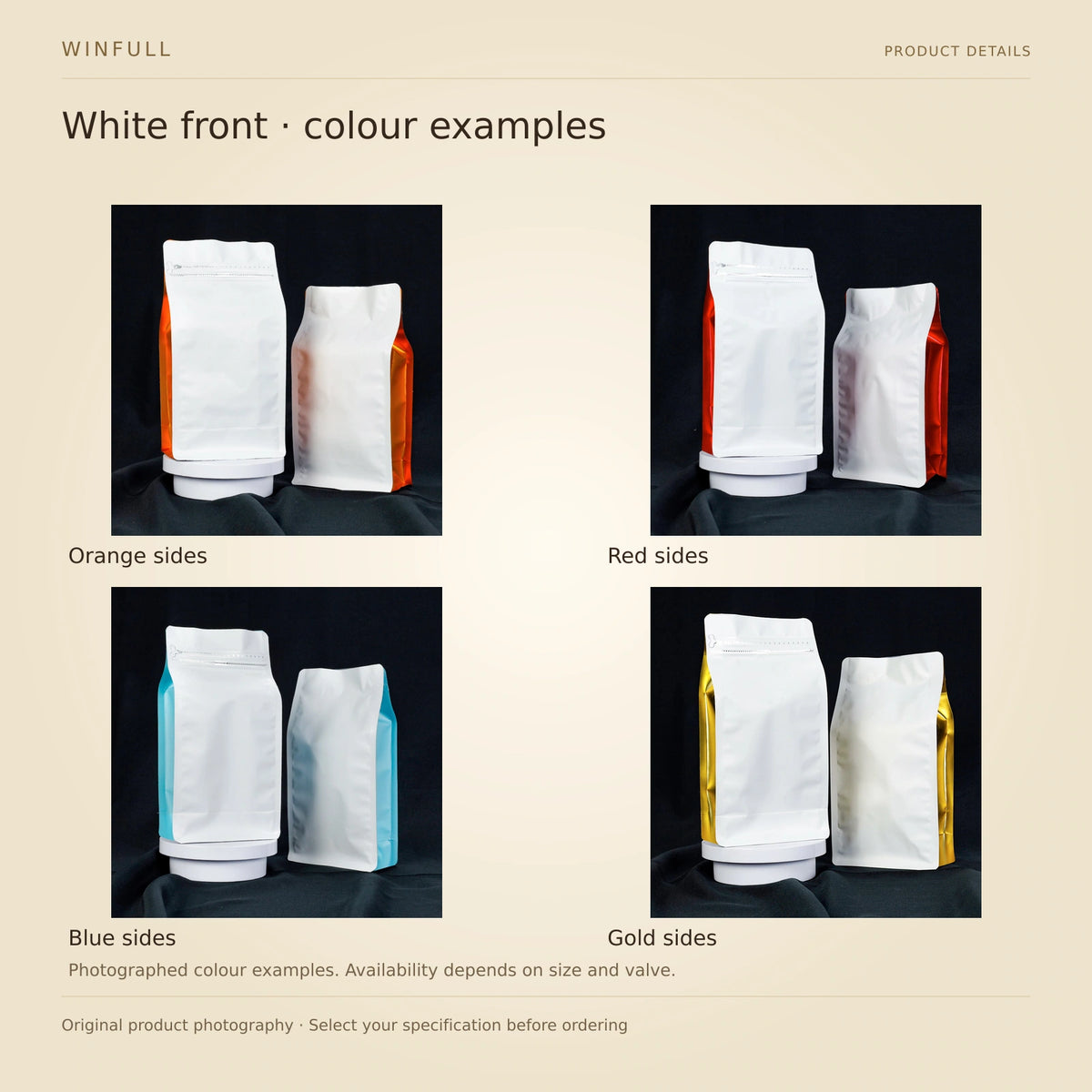 WINFULL white front · colour examples; color panel coffee packaging