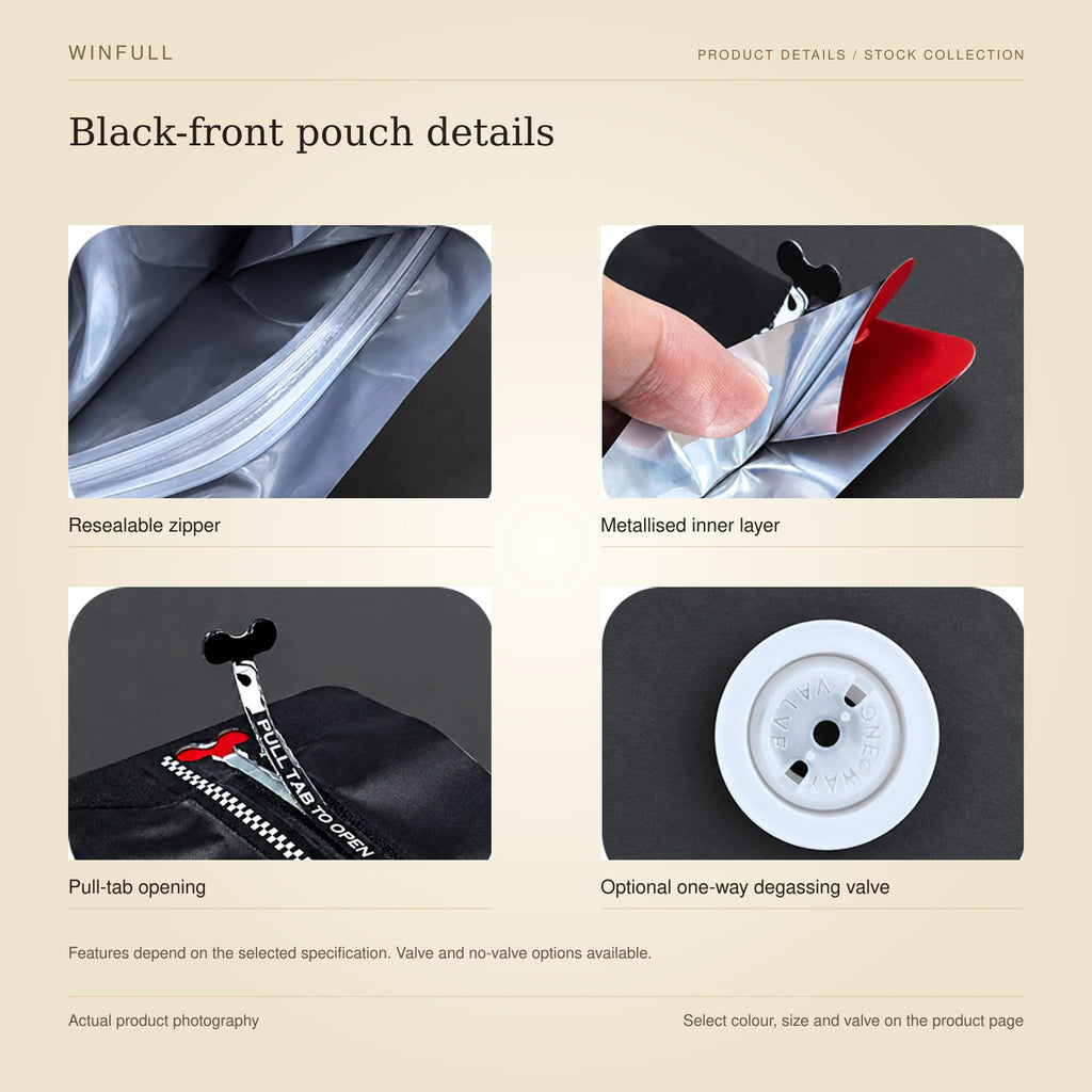 WINFULL black-front pouch details: resealable zipper, metallised inner layer, pull-tab opening, optional one-way degassing valve