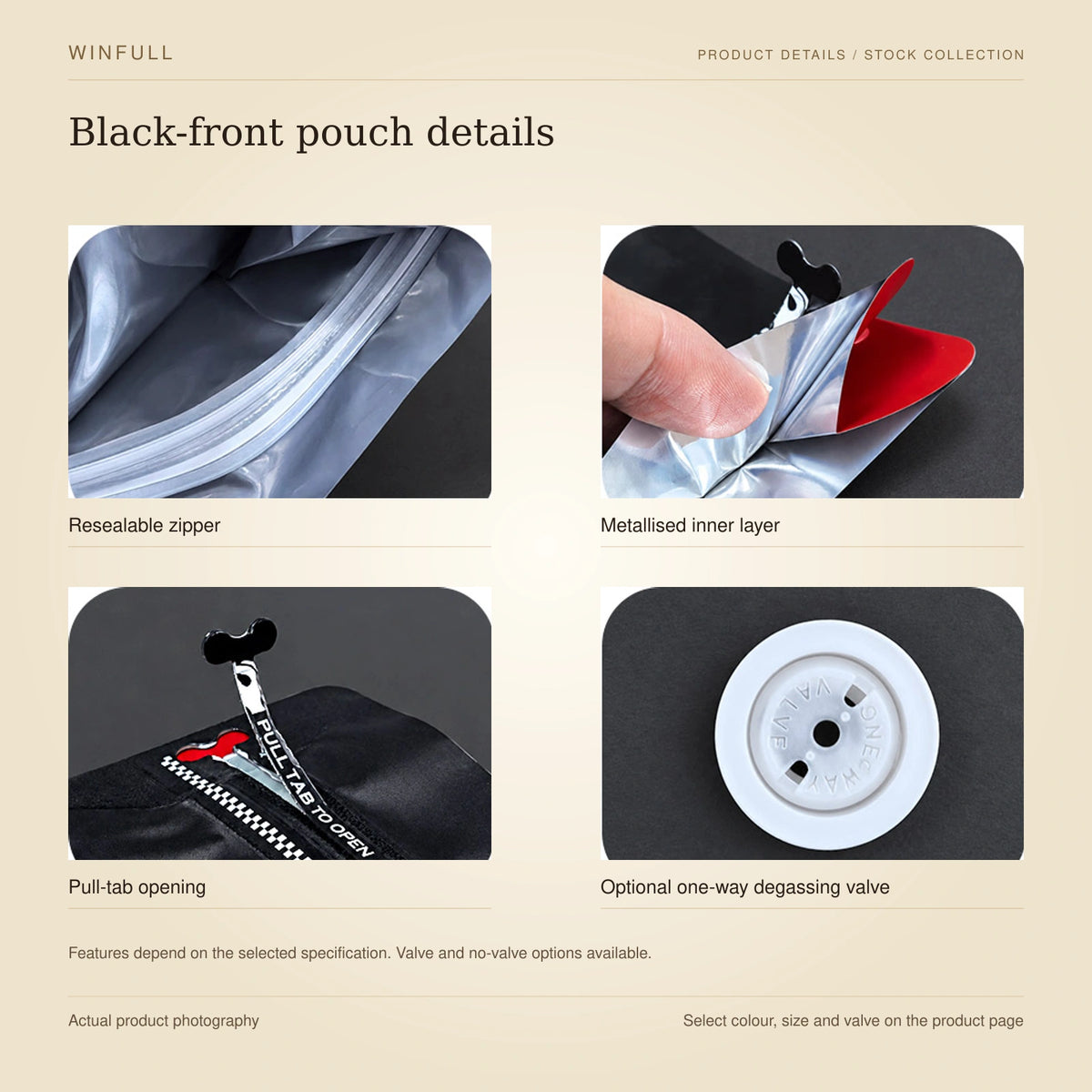 WINFULL black-front pouch details: resealable zipper, metallised inner layer, pull-tab opening, optional one-way degassing valve