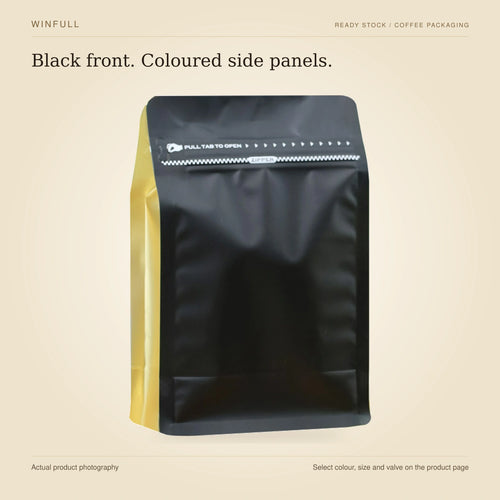WINFULL black front. coloured side panels., photographed stock coffee pouches on an ivory background