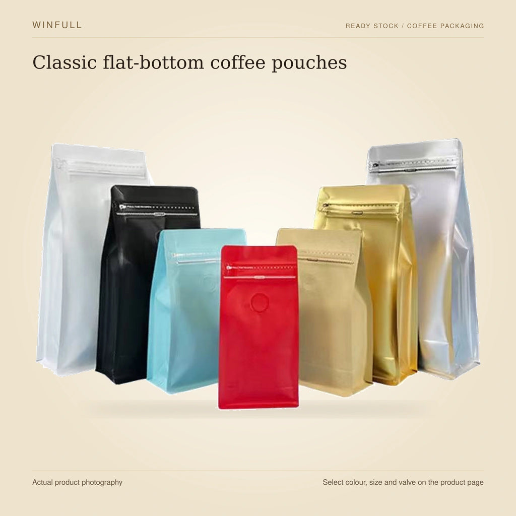 WINFULL classic flat-bottom coffee pouches, photographed stock coffee pouches on an ivory background