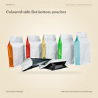 WINFULL coloured-side flat-bottom pouches, photographed stock coffee pouches on an ivory background