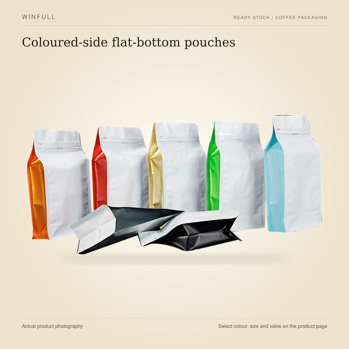 WINFULL coloured-side flat-bottom pouches, photographed stock coffee pouches on an ivory background