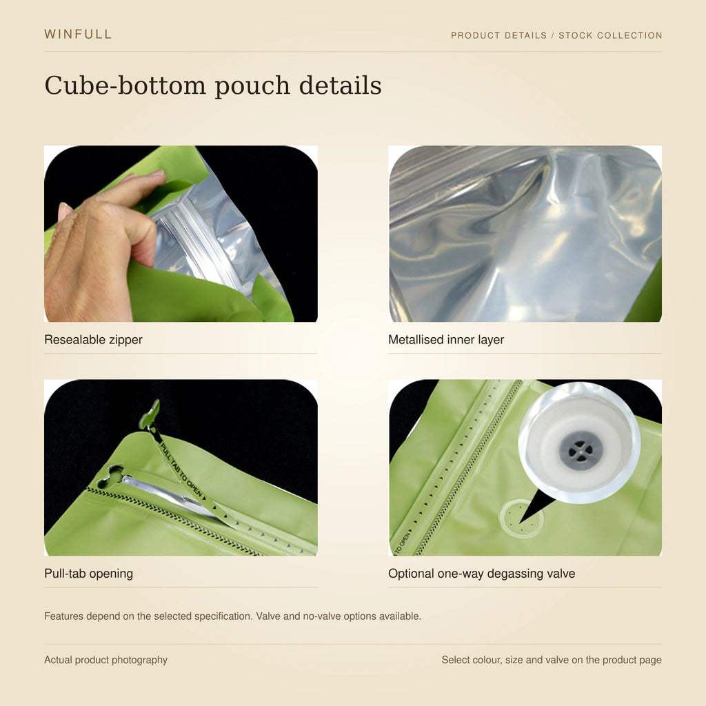 WINFULL cube-bottom pouch details: resealable zipper, metallised inner layer, pull-tab opening, optional one-way degassing valve