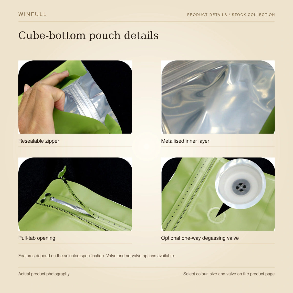 WINFULL cube-bottom pouch details: resealable zipper, metallised inner layer, pull-tab opening, optional one-way degassing valve