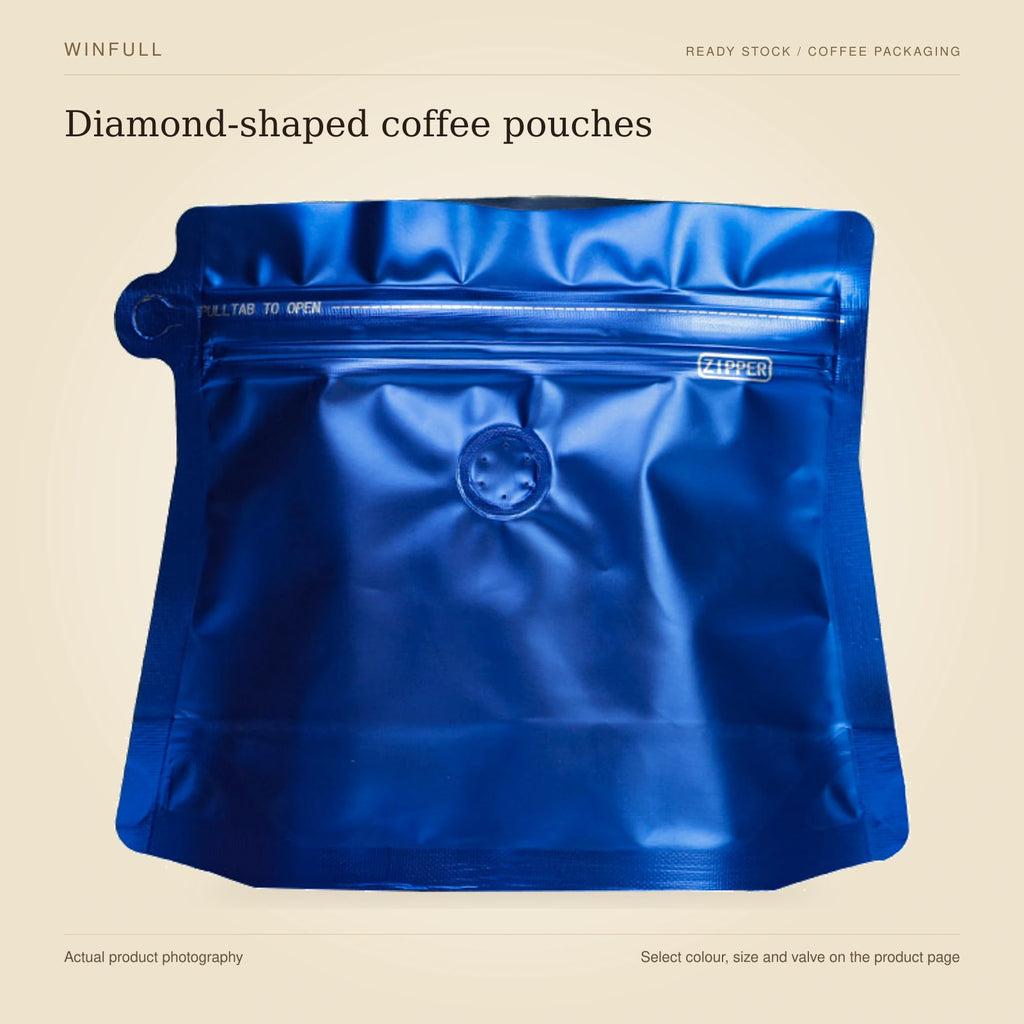 WINFULL diamond-shaped coffee pouches, photographed stock coffee pouches on an ivory background
