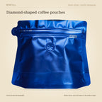 WINFULL diamond-shaped coffee pouches, photographed stock coffee pouches on an ivory background