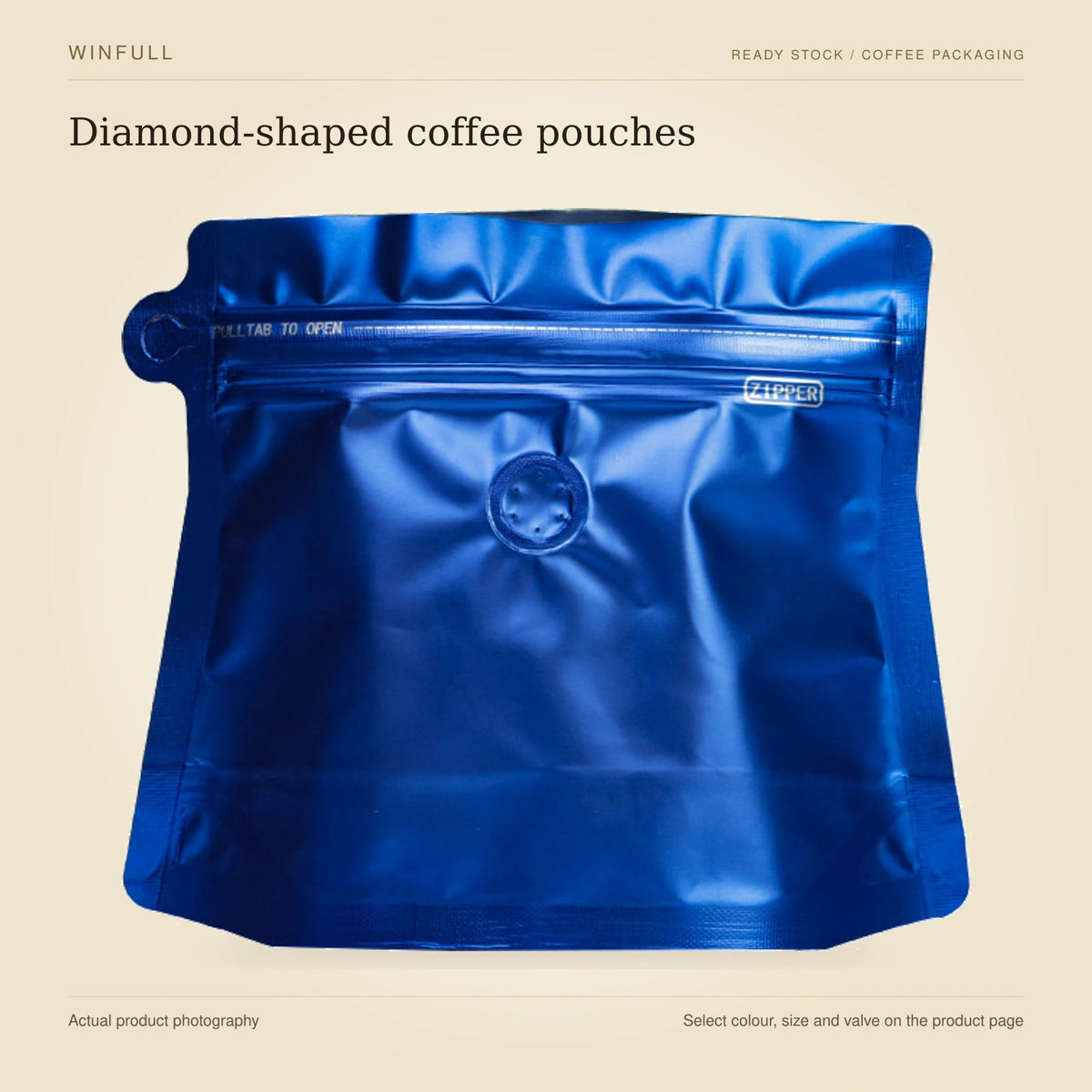 WINFULL diamond-shaped coffee pouches, photographed stock coffee pouches on an ivory background