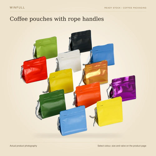 WINFULL coffee pouches with rope handles, photographed stock coffee pouches on an ivory background