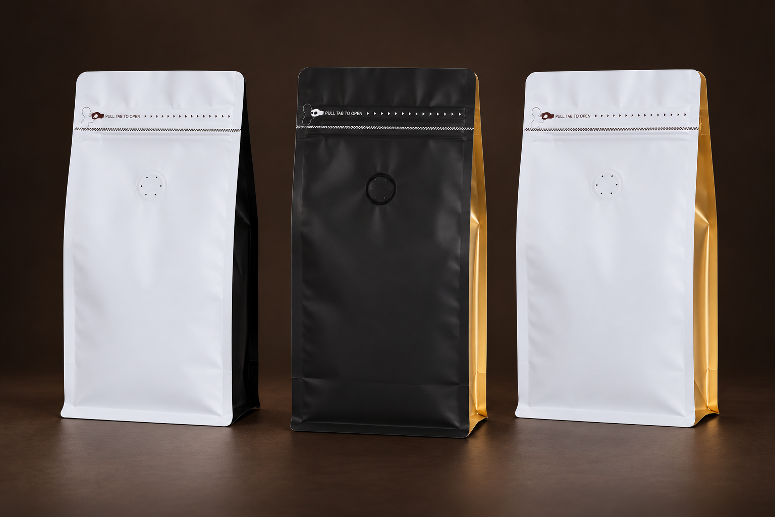 Front-view composite of ready-stock flat-bottom coffee bags with pull-tab zippers and one-way degassing valves: white with black sides, black with gold sides, and white with gold sides