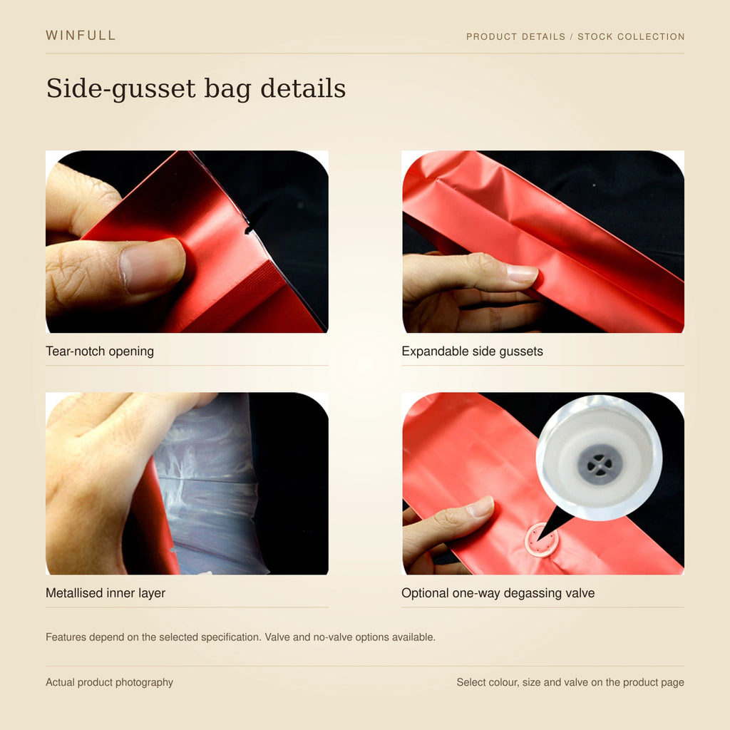 WINFULL side-gusset bag details: tear-notch opening, expandable side gussets, metallised inner layer, optional one-way degassing valve