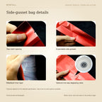 WINFULL side-gusset bag details: tear-notch opening, expandable side gussets, metallised inner layer, optional one-way degassing valve
