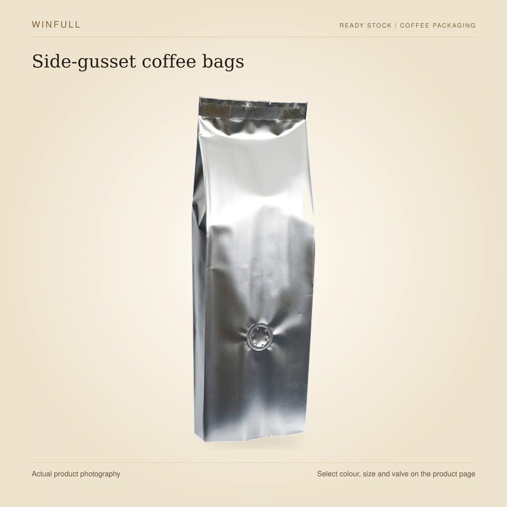 WINFULL side-gusset coffee bags, photographed stock coffee pouches on an ivory background