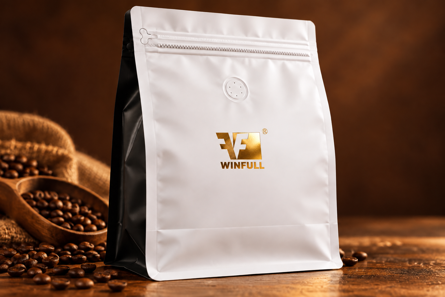 WINFULL small-area gold-foil logo on a white black-gusset pouch, illustrative studio preview