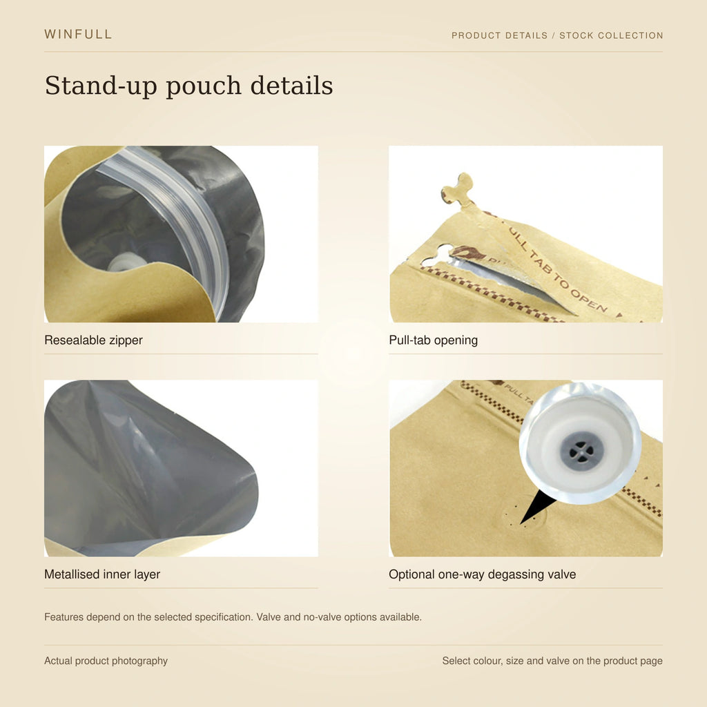 WINFULL stand-up pouch details: resealable zipper, pull-tab opening, metallised inner layer, optional one-way degassing valve