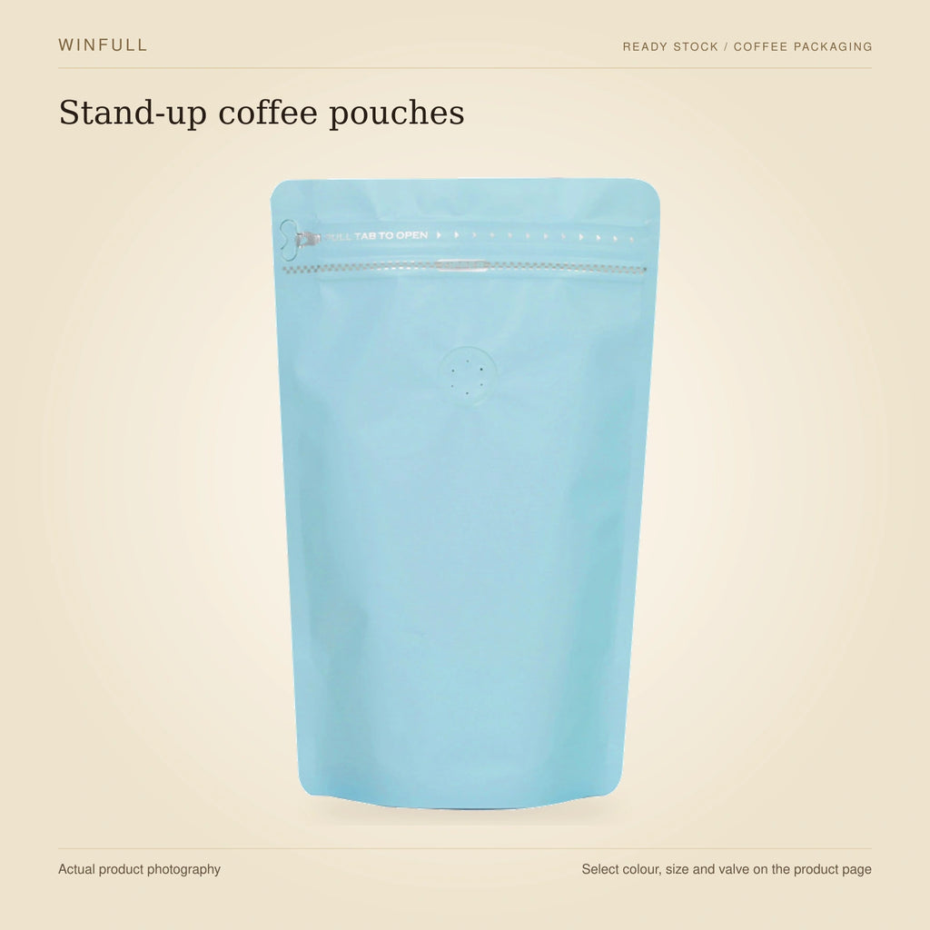 WINFULL stand-up coffee pouches, photographed stock coffee pouches on an ivory background