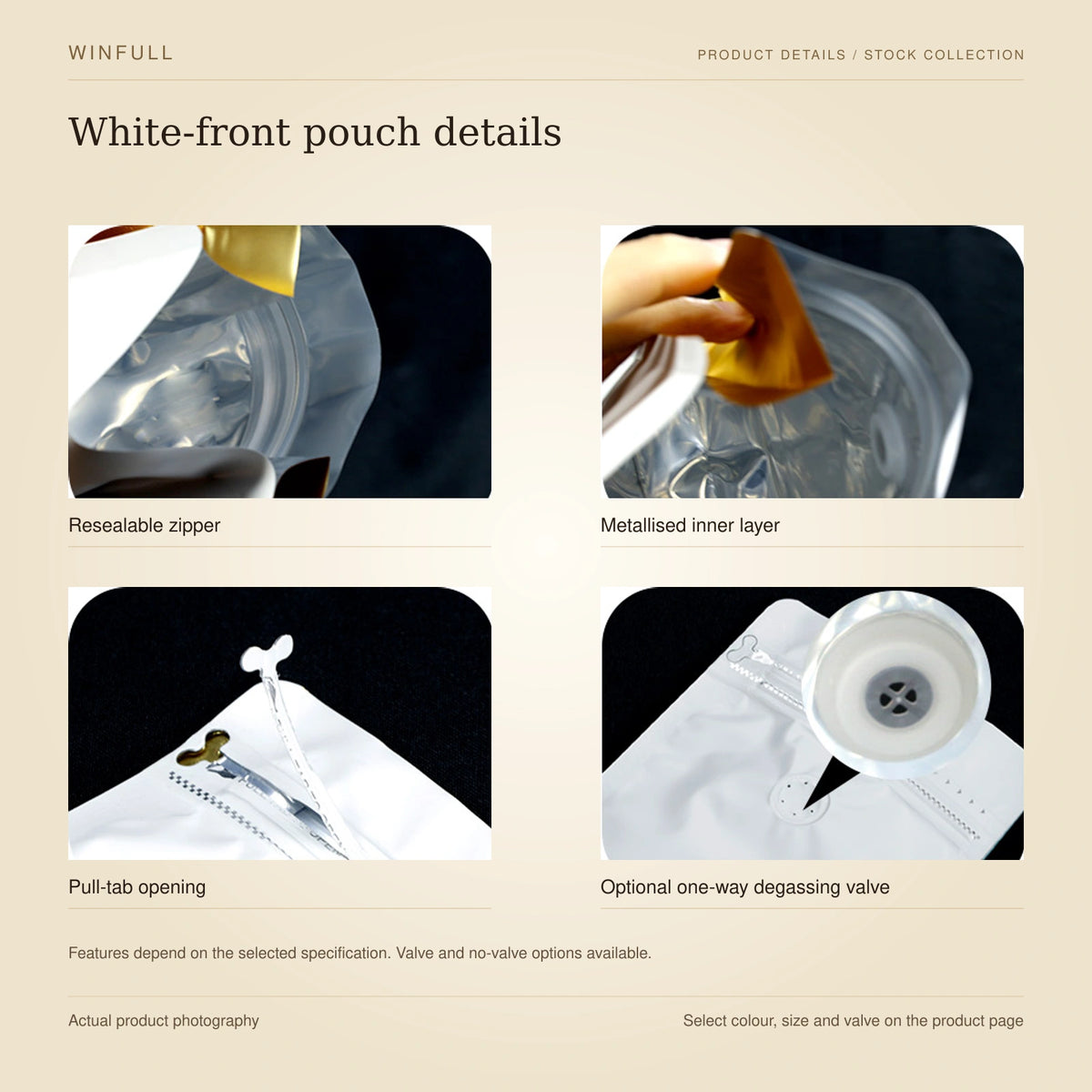 WINFULL white-front pouch details: resealable zipper, metallised inner layer, pull-tab opening, optional one-way degassing valve